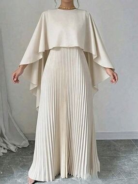 Elegant Cream Pleated Maxi Dress with Cape Overlay